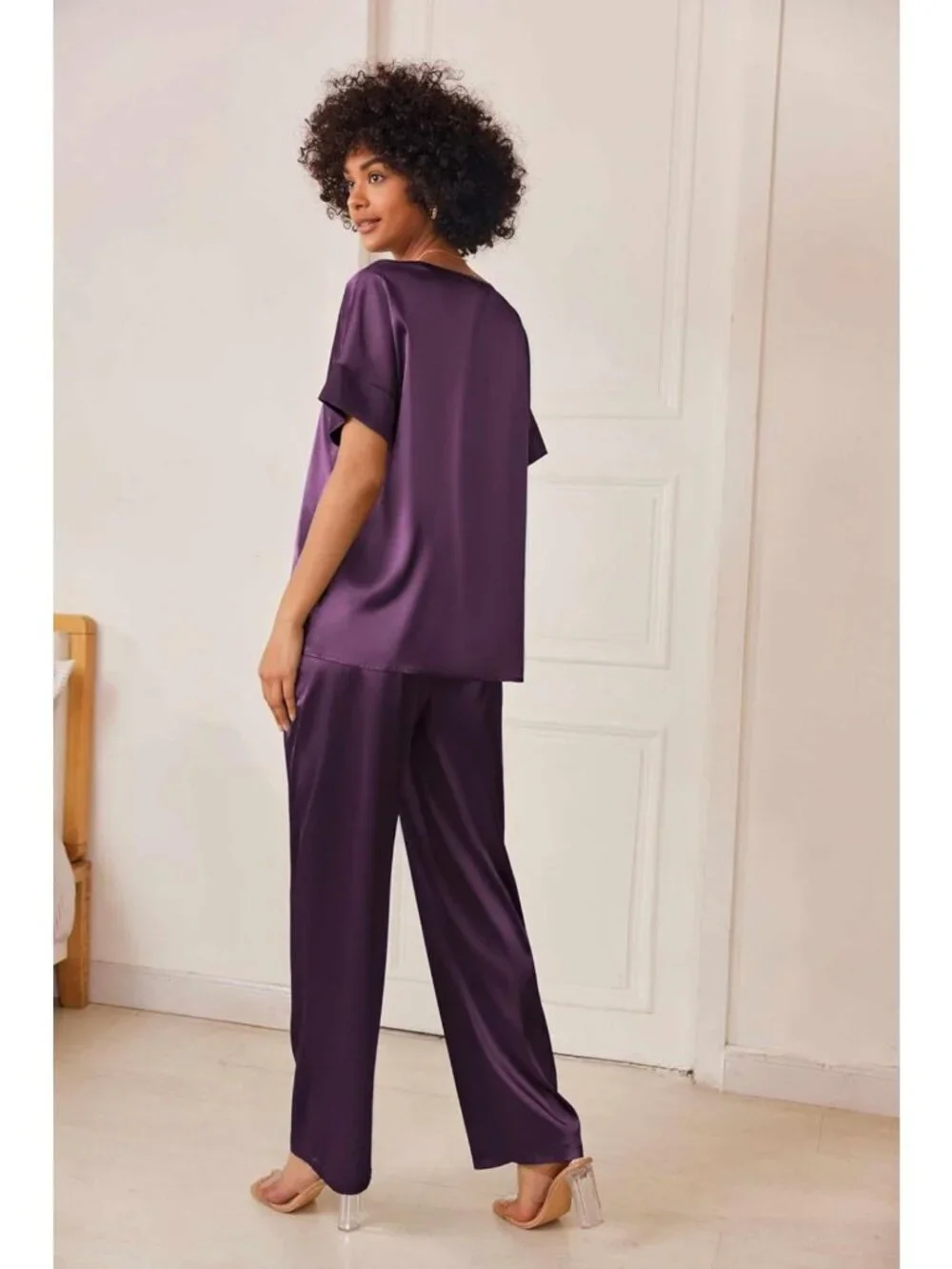 Silk Satin Pajama Set for Women | Short Sleeve V-Neck Top & Long Pants
